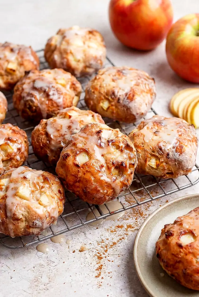 Glazed air fryer apple fritters on a cooling rack, golden brown with crisp edges and a thick powdered sugar drizzle.