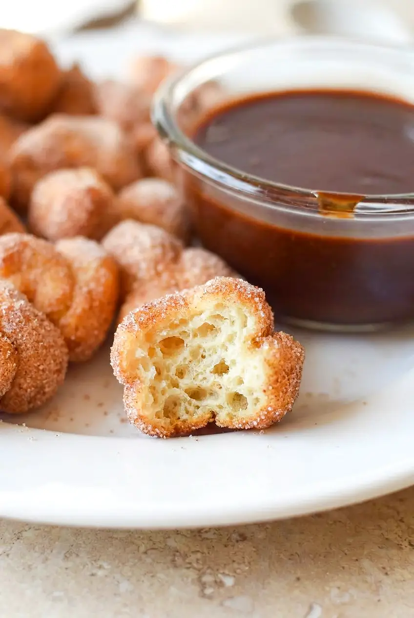 Close-up of an air fryer churro bite torn open, airy center and cinnamon-sugar crust, more bites softly blurred behind.