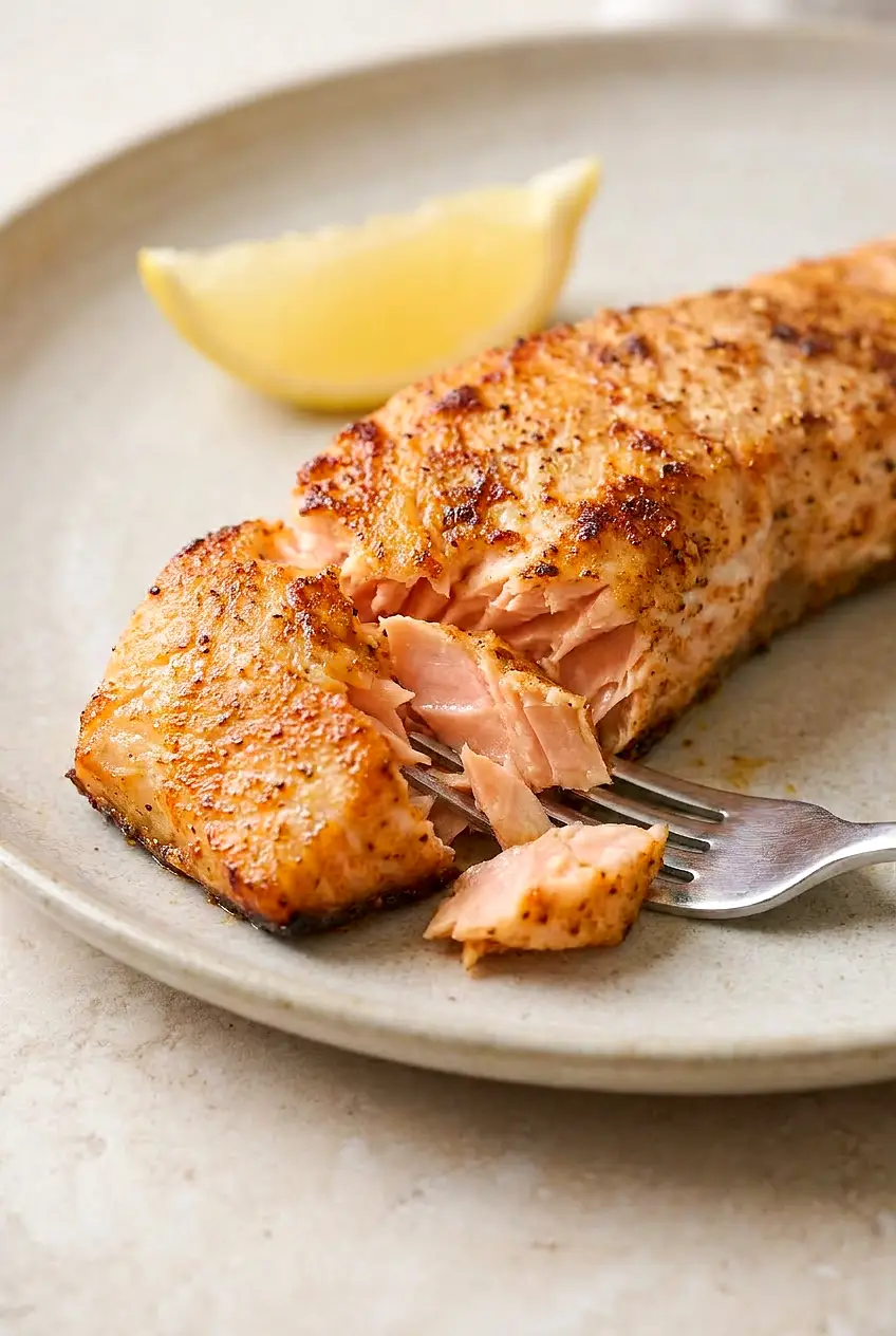 Close-up of air fryer salmon flaked with a fork, showing a moist, opaque interior and lightly browned edges with lemon nearby.