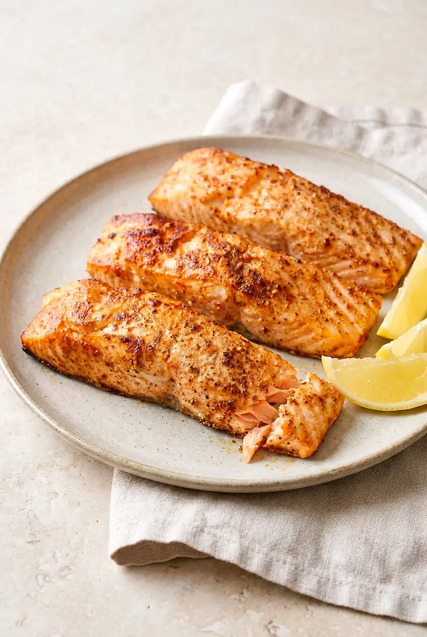 Air fryer salmon fillets on a ceramic plate with lemon wedges, lightly browned with flaky texture and paprika-garlic seasoning.