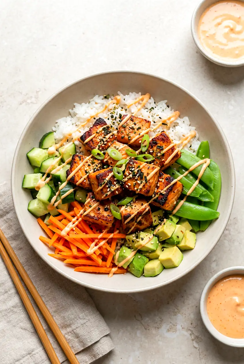 Air Fryer Salmon Bowl: soy‑ginger salmon on rice with cucumber, carrots, snap peas, avocado, sriracha mayo, scallions.