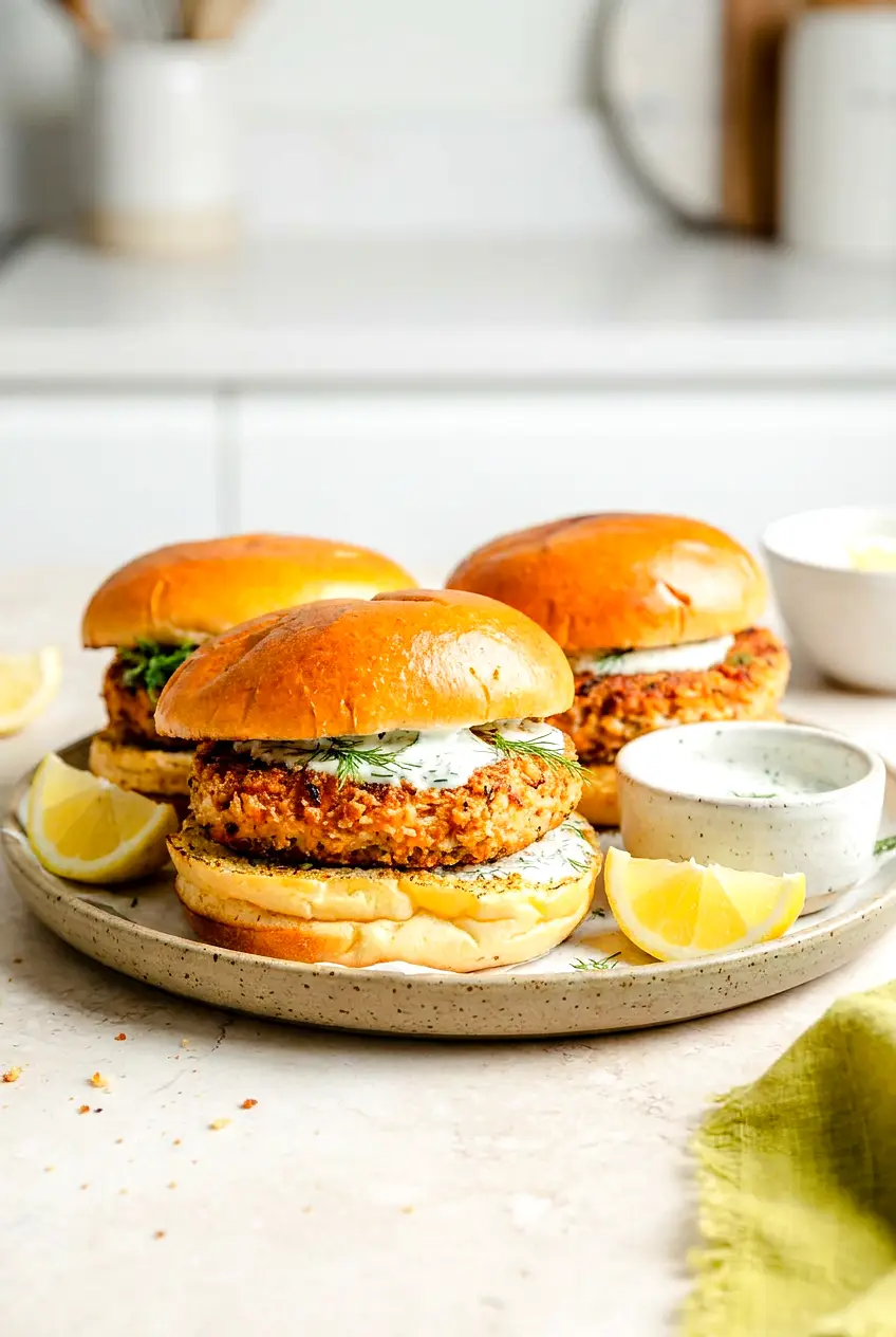 Three Air Fryer Salmon Burgers on brioche with golden panko crust, served with lemon‑dill mayo and lemon wedges.