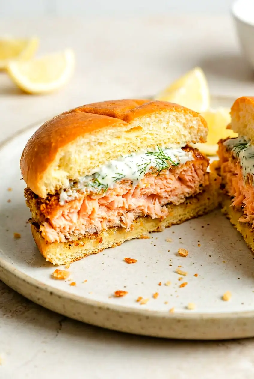 Close-up Air Fryer Salmon Burger cut open, flaky salmon inside and crisp panko crust on a brioche bun with lemon‑dill mayo.