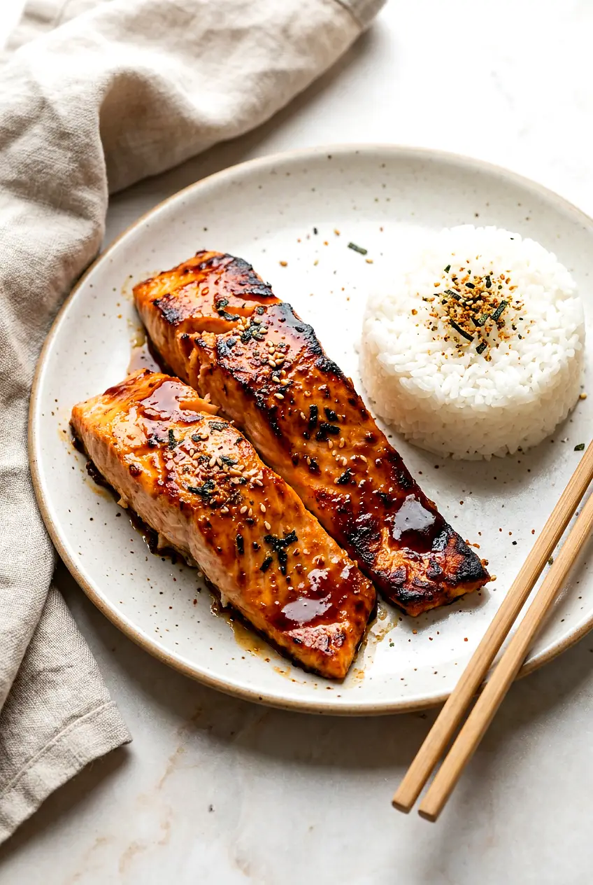Glossy air fryer teriyaki salmon topped with furikake on a speckled plate, with a round mound of white rice and chopsticks.