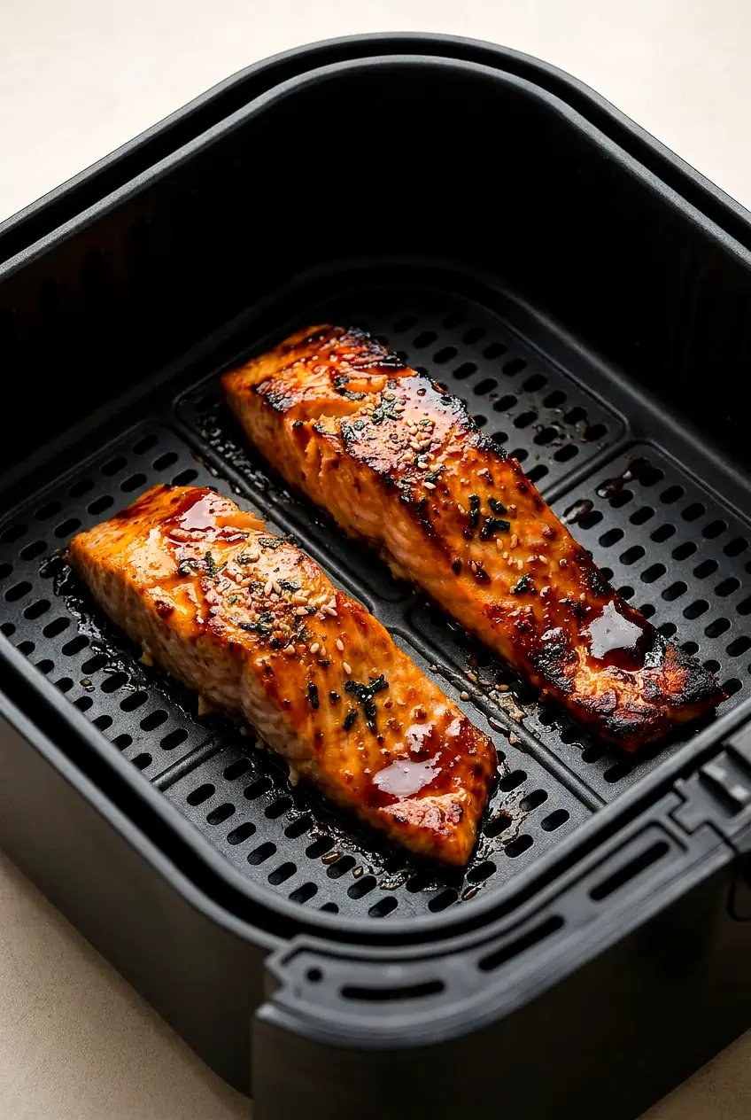 Close-up of air fryer teriyaki salmon flaking apart, showing a moist center with glossy teriyaki glaze and furikake.
