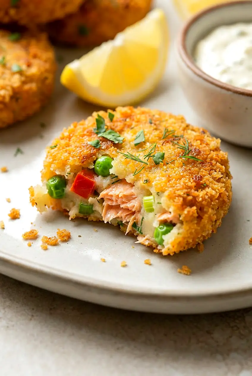 Close-up air fryer salmon croquette broken open, showing flaky salmon and tender mashed potato with peas, red pepper, and herbs.