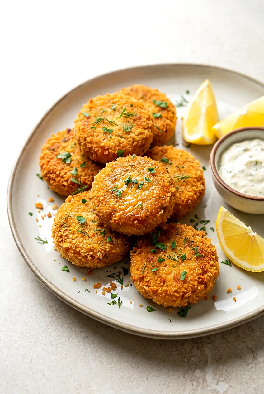 Plated air fryer salmon croquettes with golden panko crust, lemon wedges, parsley, and a small ramekin of tartar sauce.