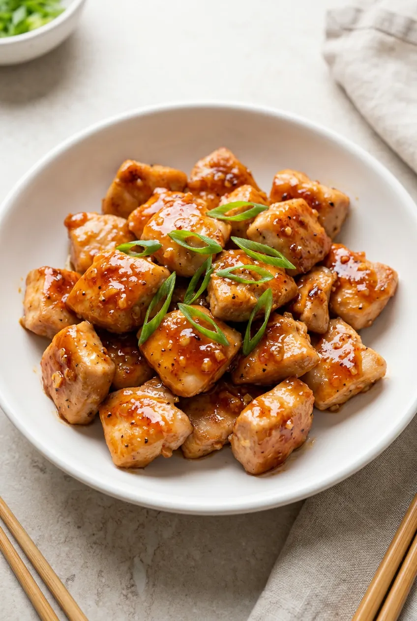 Air Fryer Honey Garlic Chicken bites coated in glossy sauce on a plate, garnished with sliced green onions