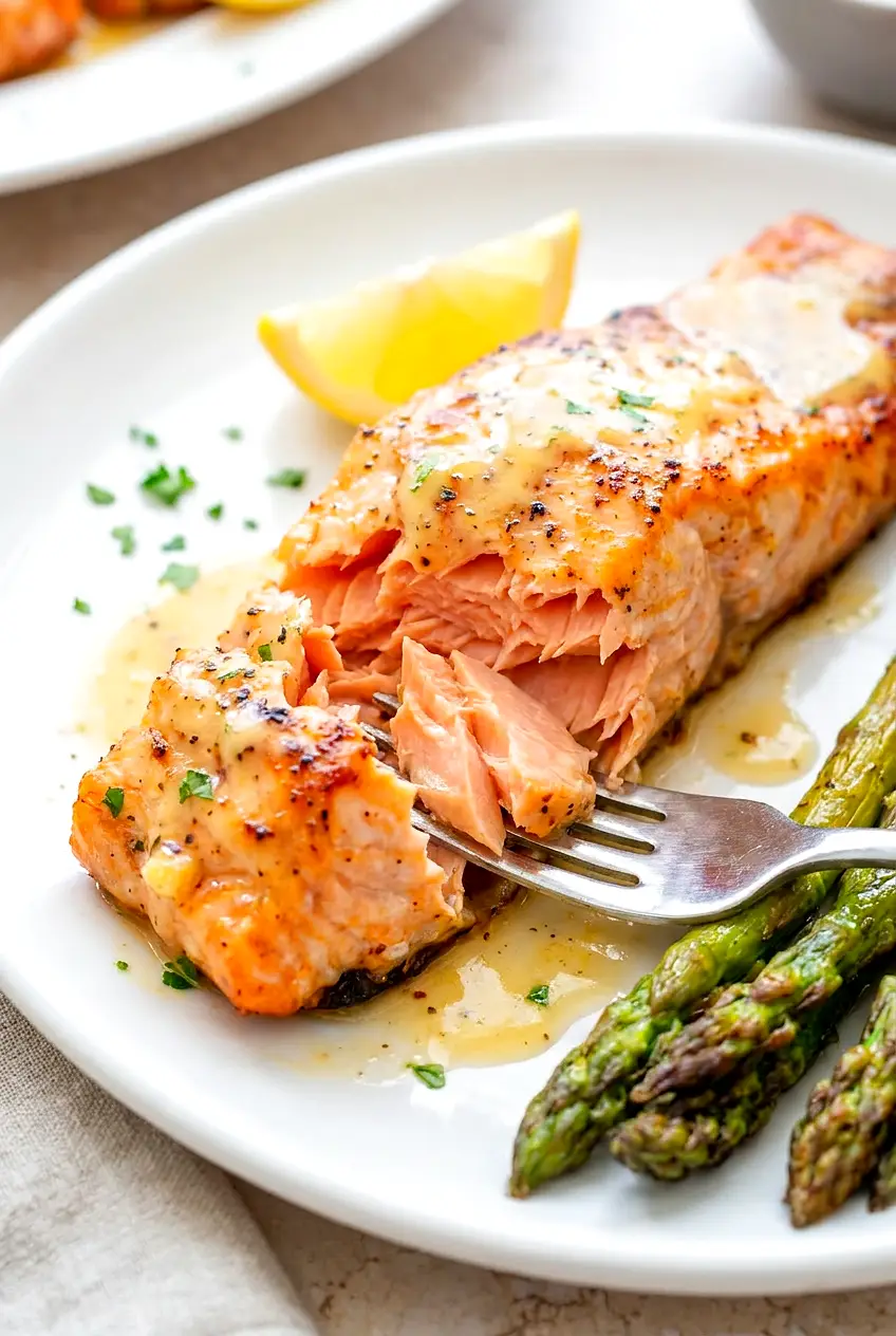 Close-up of air fryer salmon flaking to show moist interior, glossy lemon-garlic-honey Dijon on top, asparagus alongside.