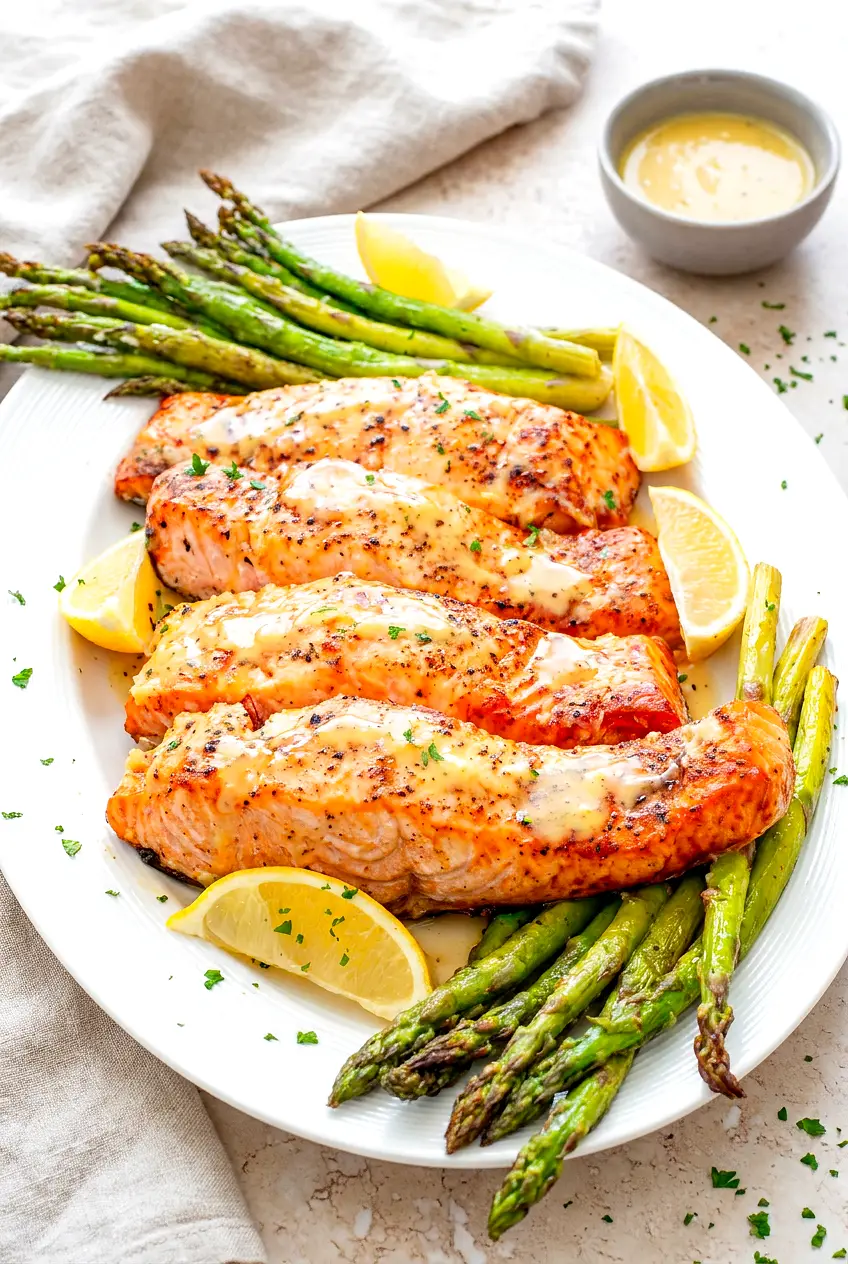 Air fryer salmon and asparagus on a white platter with lemon-garlic-honey Dijon drizzle and tender, bright-green spears.