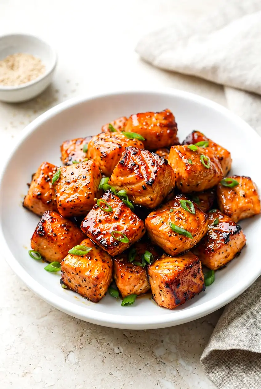 Air fryer honey garlic salmon bites on a plate with glossy glaze, caramelized edges, sesame seeds, and sliced scallions.