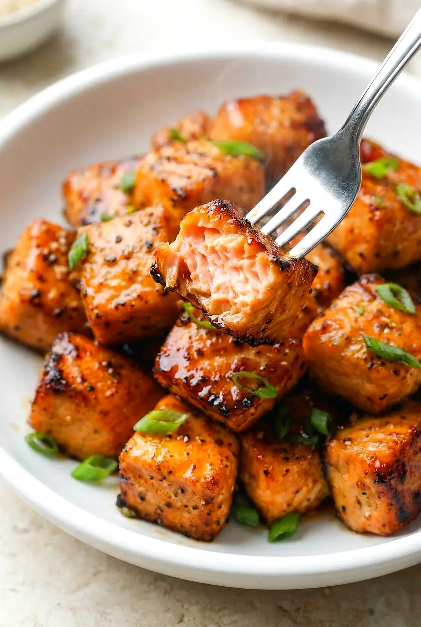 Close-up of a honey garlic salmon bite broken open, showing flaky, juicy interior and a tacky glaze with caramelized edges.