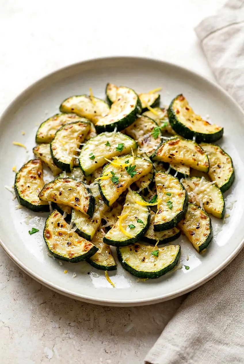 Air fryer zucchini half-moons on a plate, browned edges, tender centers, with melted Parmesan, parsley, and lemon zest.