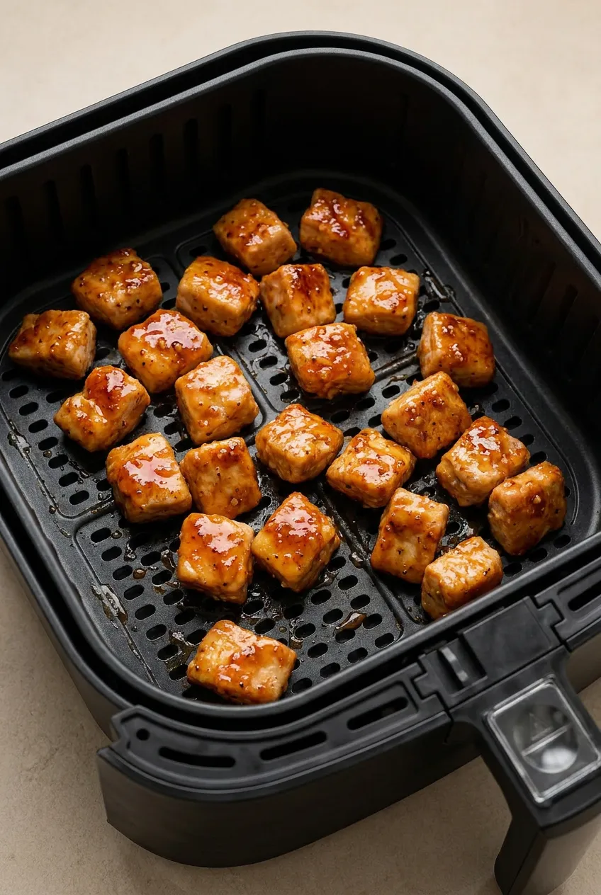 Air Fryer Honey Garlic Chicken bites in a black air fryer basket, lightly browned and coated in sticky glaze, ready to serve