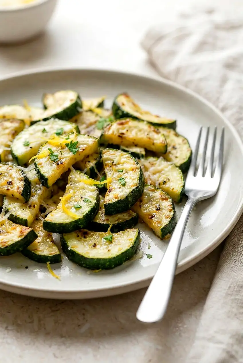 Close-up of air fryer zucchini with browned edges, tender center, Italian seasoning flecks, and a light Parmesan dusting.