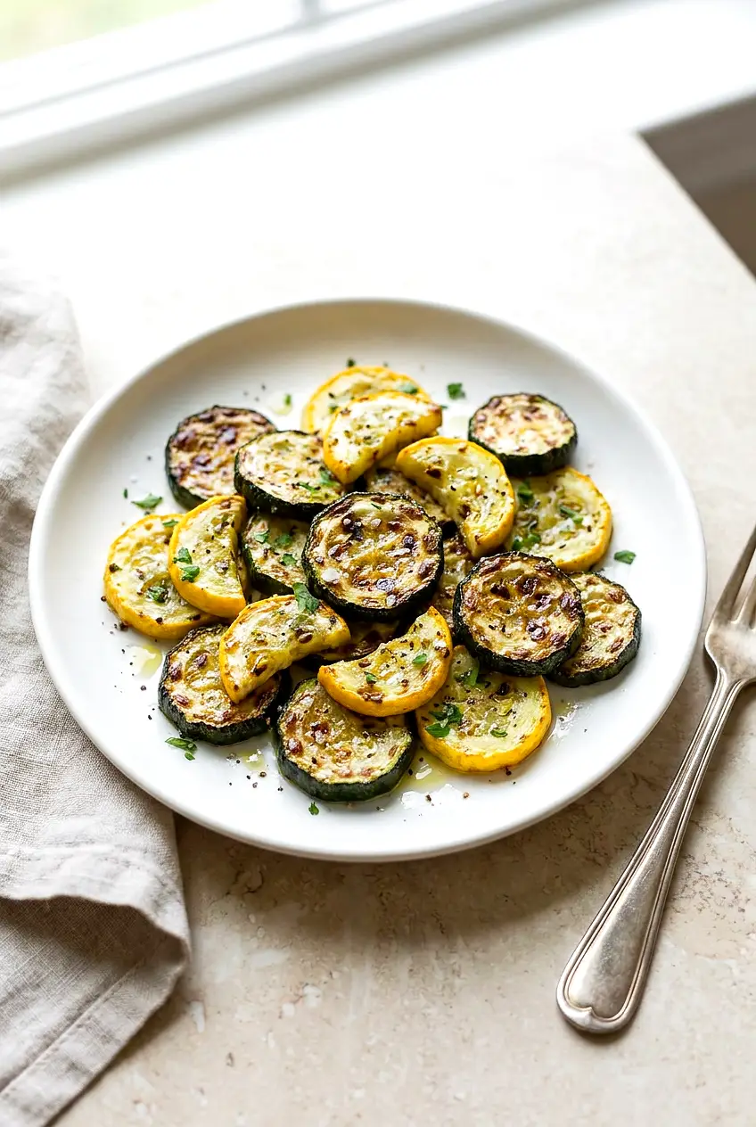 Air fryer zucchini and yellow squash on a white plate, browned and lightly blistered, tender-centered, with a little parsley.