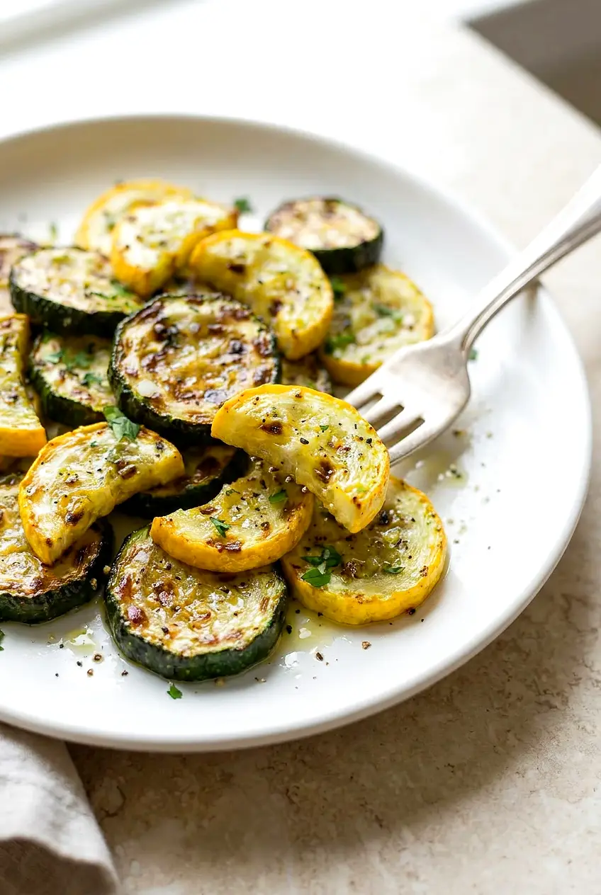 Close-up of air fryer zucchini and squash showing browned, blistered edges, tender centers, and cracked black pepper.