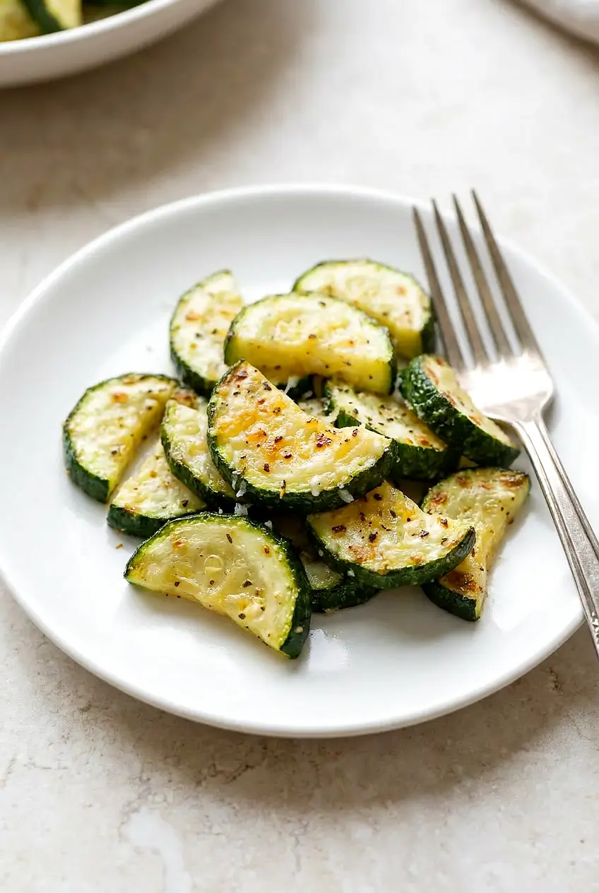 Close-up of Air Fryer Zucchini with Parmesan showing tender interior, lightly crisp edges, and specks of Italian seasoning.
