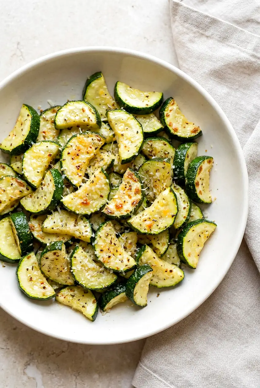 Air Fryer zucchini with Parmesan served on a shallow white plate, tender-crisp half-moons with browned edges and melted golden cheese.