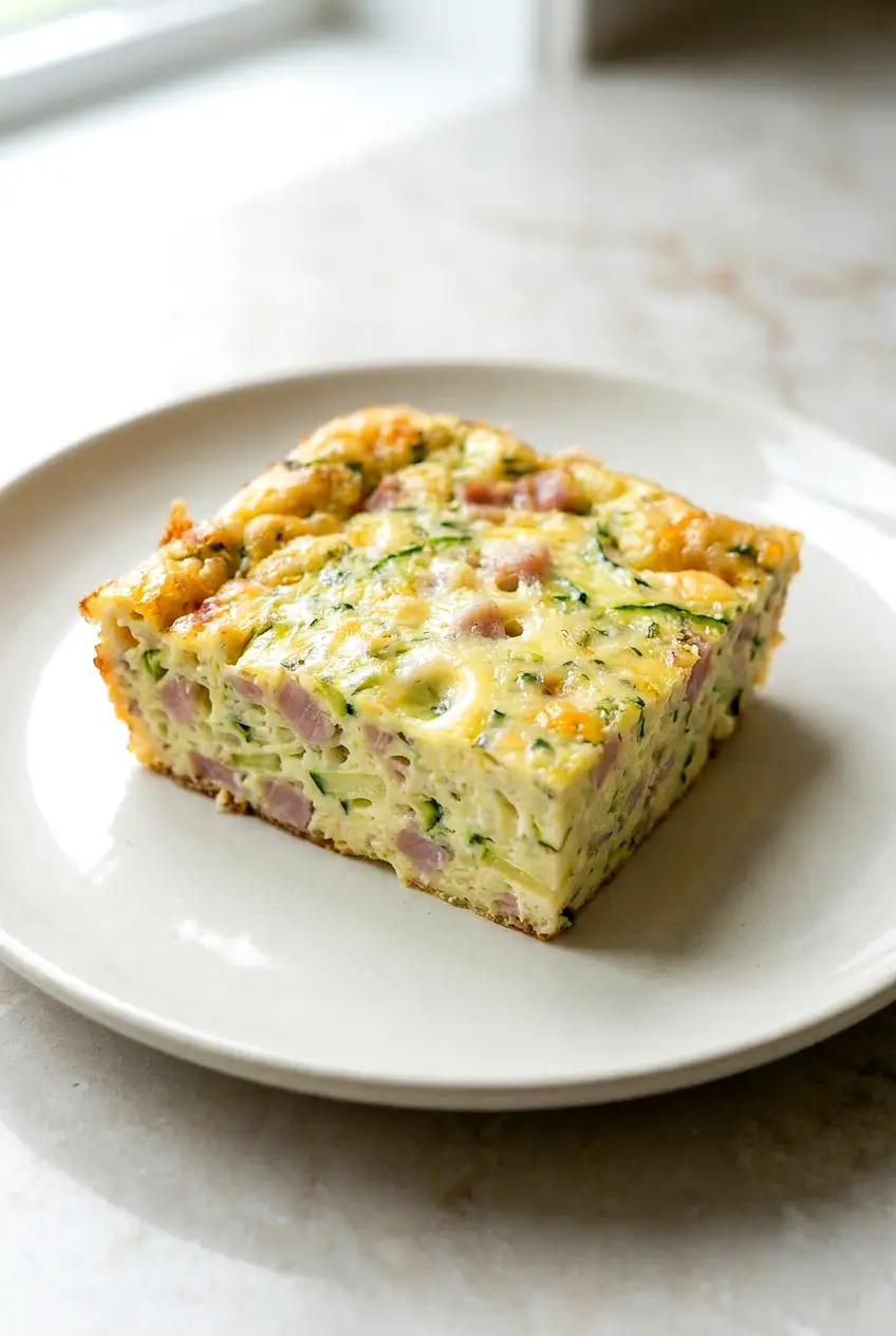 Close-up cross-section of Air Fryer Zucchini Slice showing zucchini strands, melted cheese, and a moist, set custardy texture.