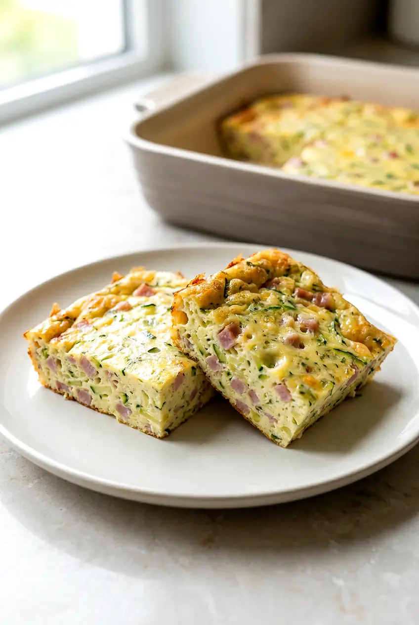 Air Fryer Zucchini Slice served on a plate, lightly golden edges and tender quiche-like interior, neatly cut squares.