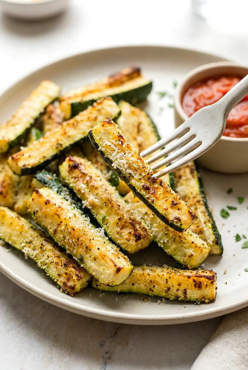 Close-up of an air fryer zucchini fry on a fork, showing tender interior and crisp, golden Parmesan-specked edges with marinara nearby.