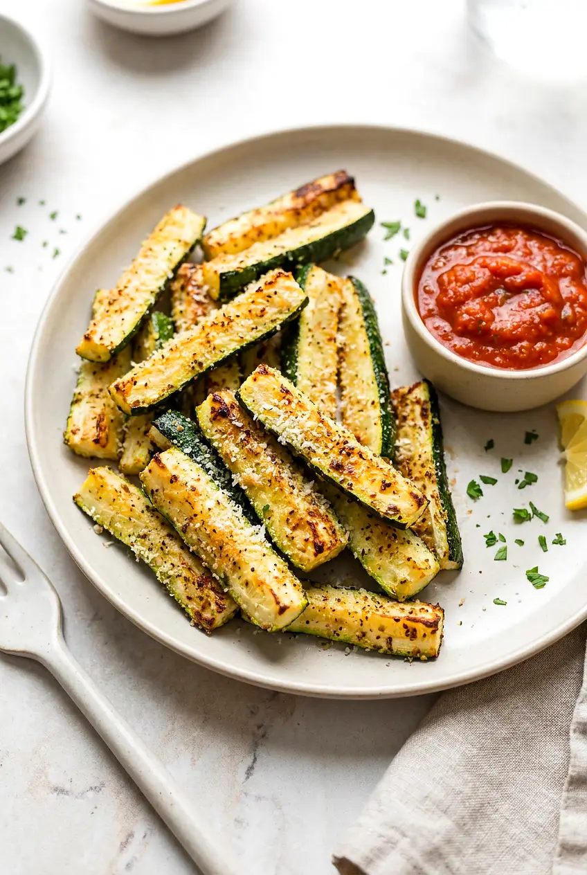 Plated air fryer zucchini fries with Parmesan, golden edges, parsley and lemon, served with a small bowl of warm marinara.