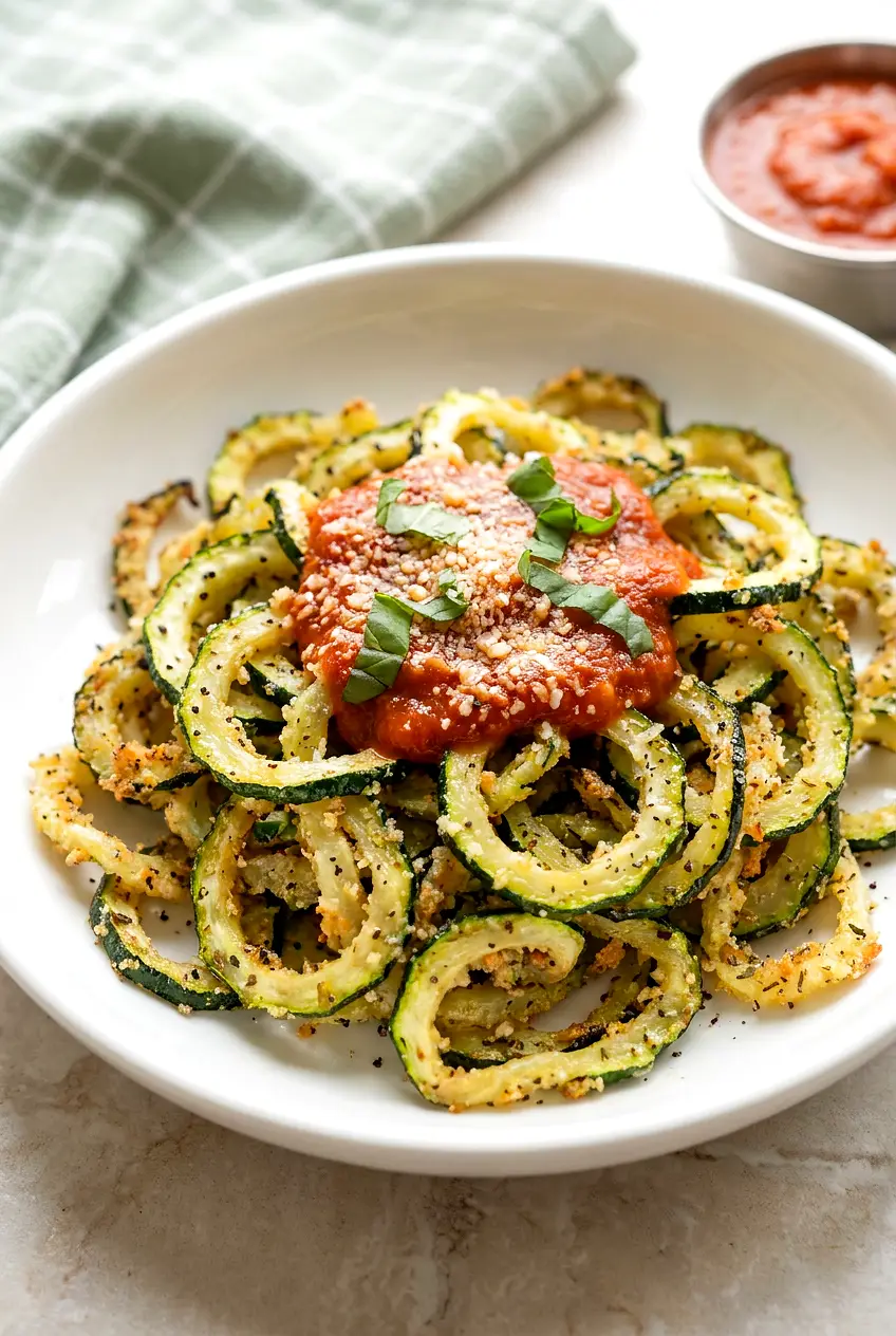Air fryer zucchini noodles with marinara, Parmesan, and basil in a bowl, tender strands with lightly curled edges.