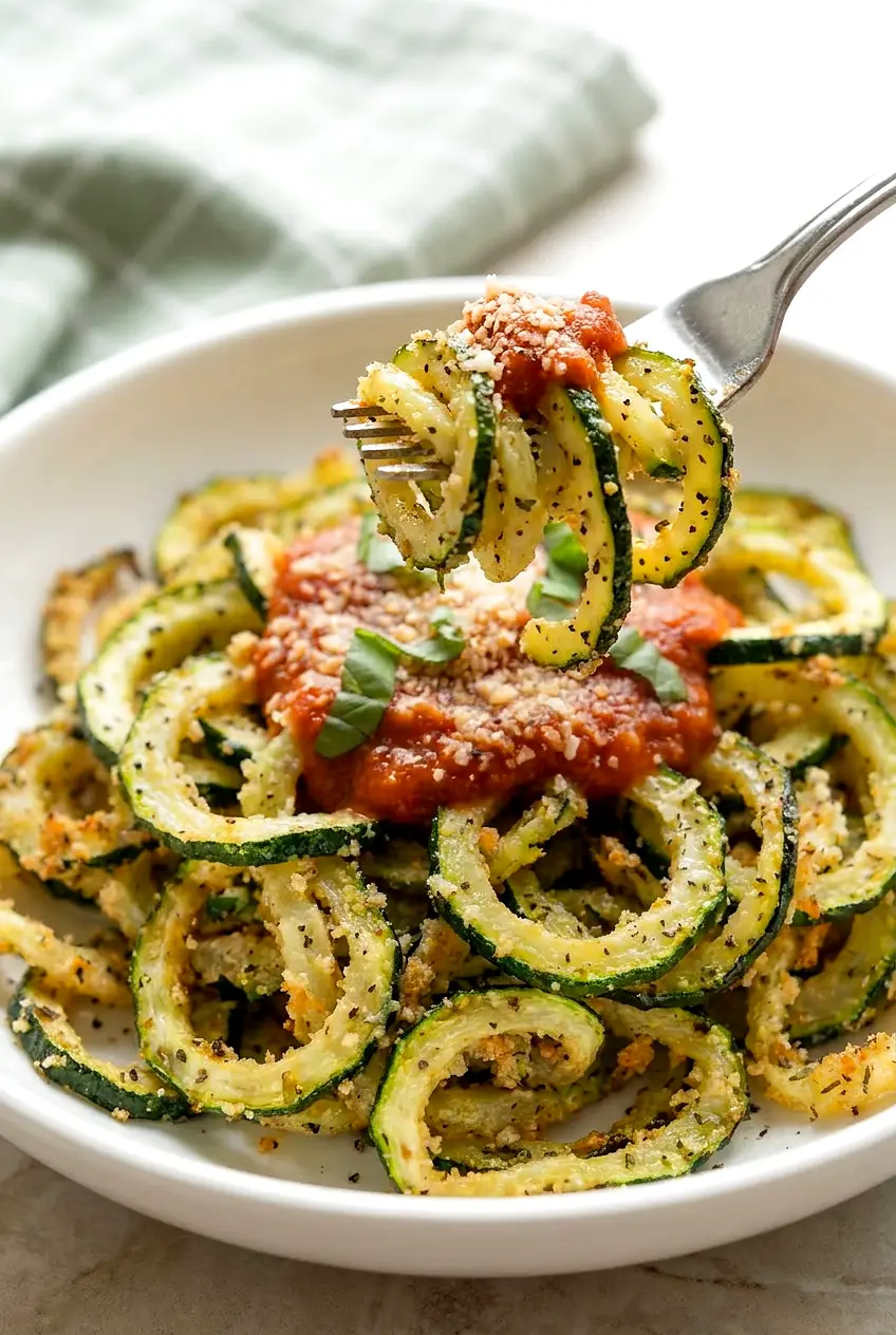 Close-up of air fryer zucchini noodles twirled into a small nest, tender with curled edges and visible herb seasoning.
