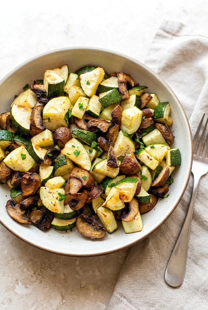 Air fryer zucchini half-moons and cremini mushrooms, lightly browned with crisp edges, served warm in a shallow bowl.