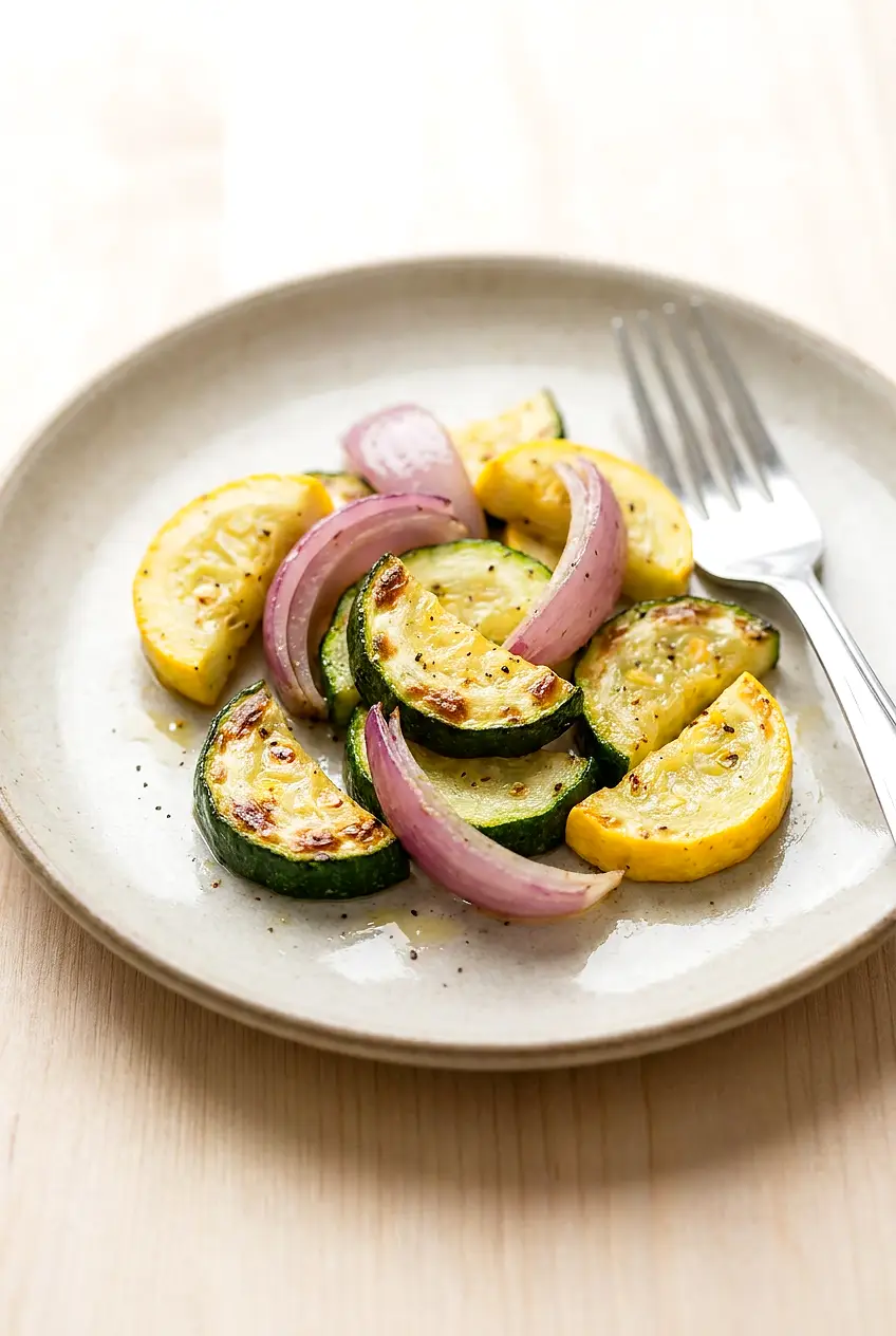 Close-up of air fryer zucchini and onions showing tender centers and browned edges with visible pepper specks.