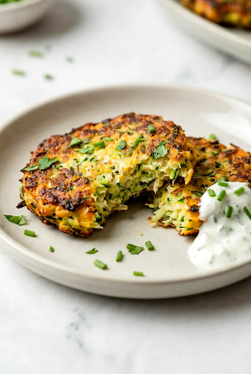 Close-up of a broken air fryer zucchini patty showing tender center and crisp browned edges with a spoonful of white sauce.
