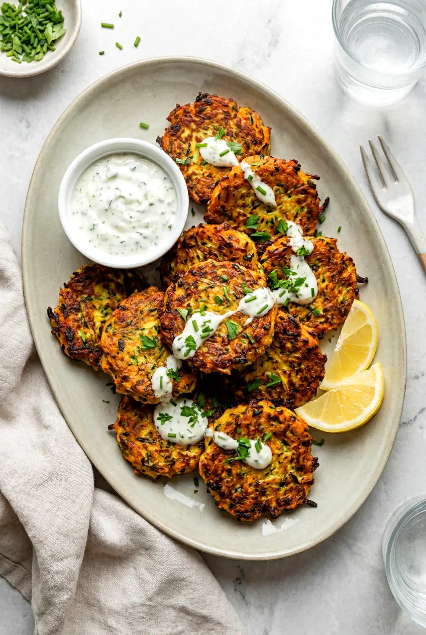 Air fryer zucchini patties on a platter with a drizzle of tzatziki and chopped chives, golden-brown with crisp edges.