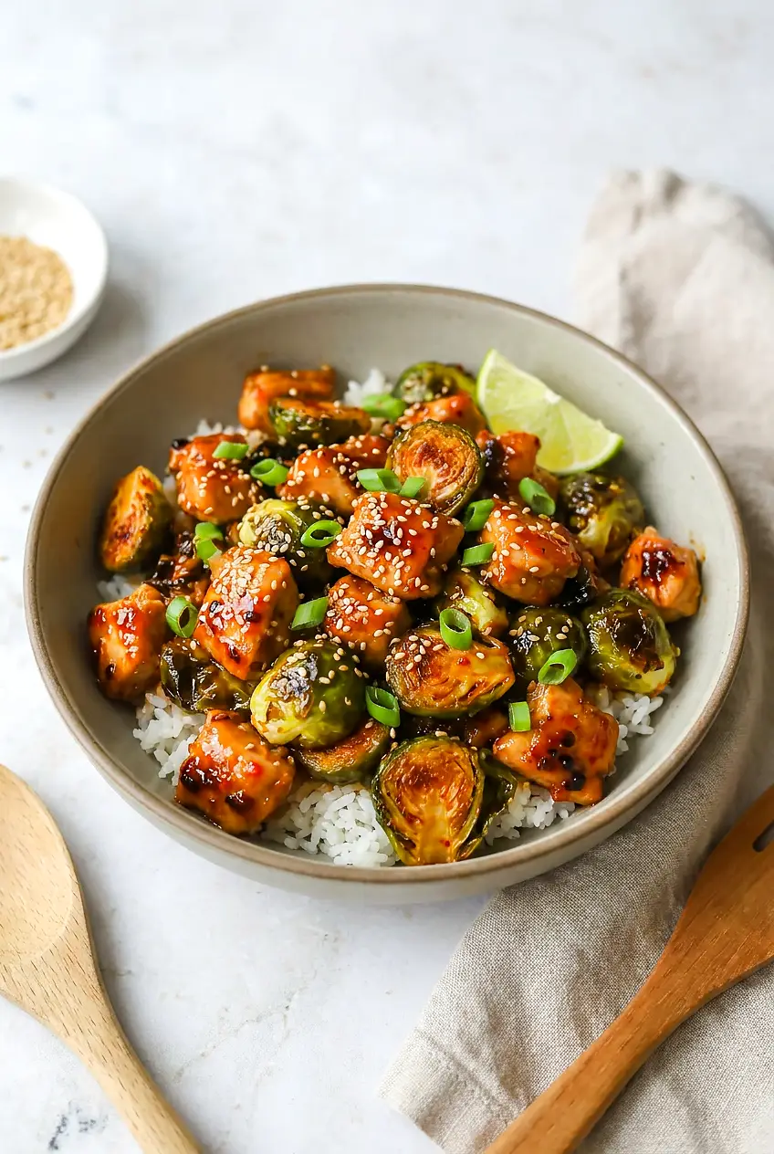 Air fryer sweet chili chicken and Brussels sprouts in a shallow bowl, glossy glaze on browned pieces, sprinkled with sesame seeds and sliced green onions.