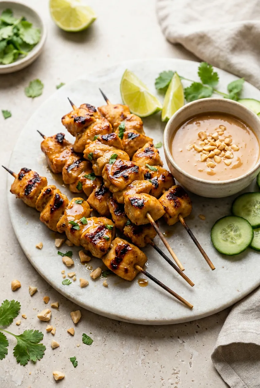 Air fryer chicken skewers with creamy peanut sauce, lime, cucumber, and cilantro on a plate; golden-brown with charred spots.