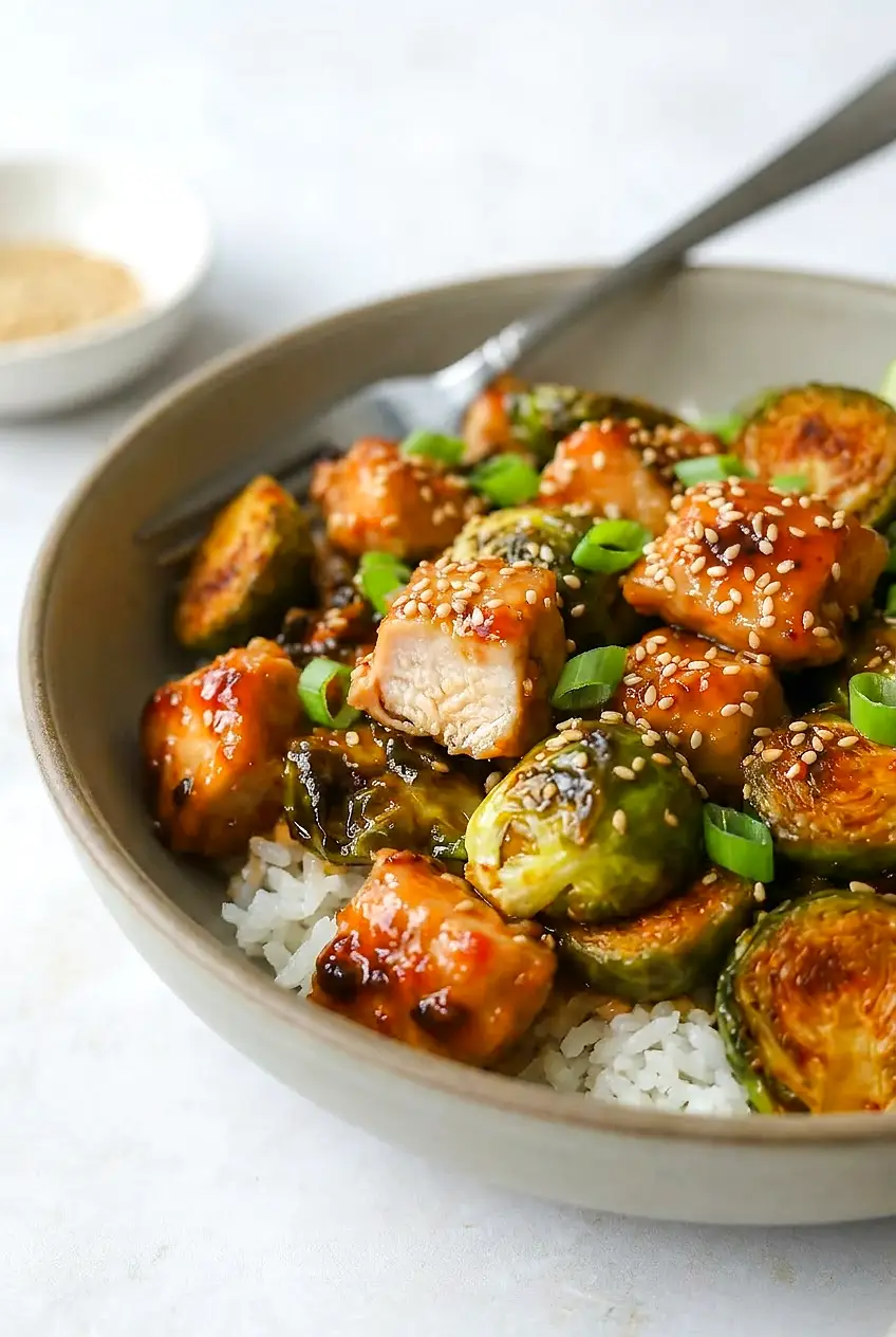 Close-up of sweet chili chicken showing a juicy interior and glossy glaze beside crisp-tender browned Brussels sprout leaves.