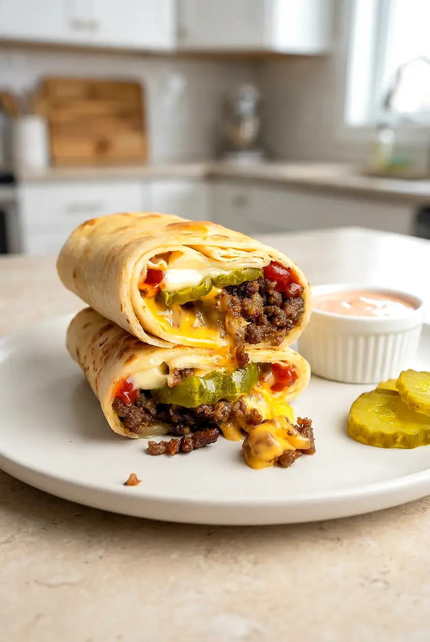 Air Fryer Cheeseburger Wraps, halved and stacked, crisp golden tortillas with melted cheese, pickles, and burger sauce inside.