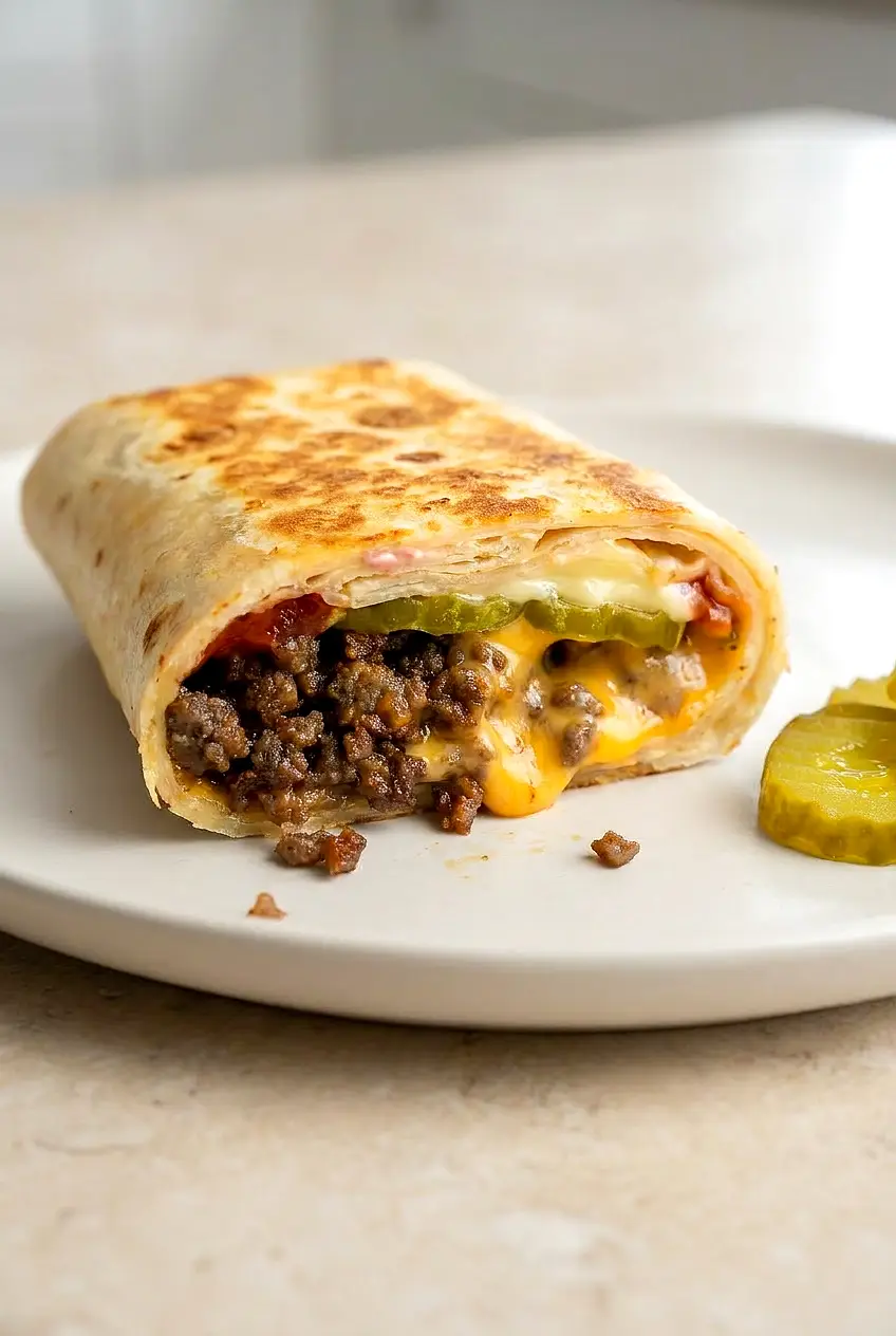 Close-up sliced cheeseburger wrap with beef, melted American cheese, dill pickles, and mayo-ketchup sauce in a crisp tortilla.