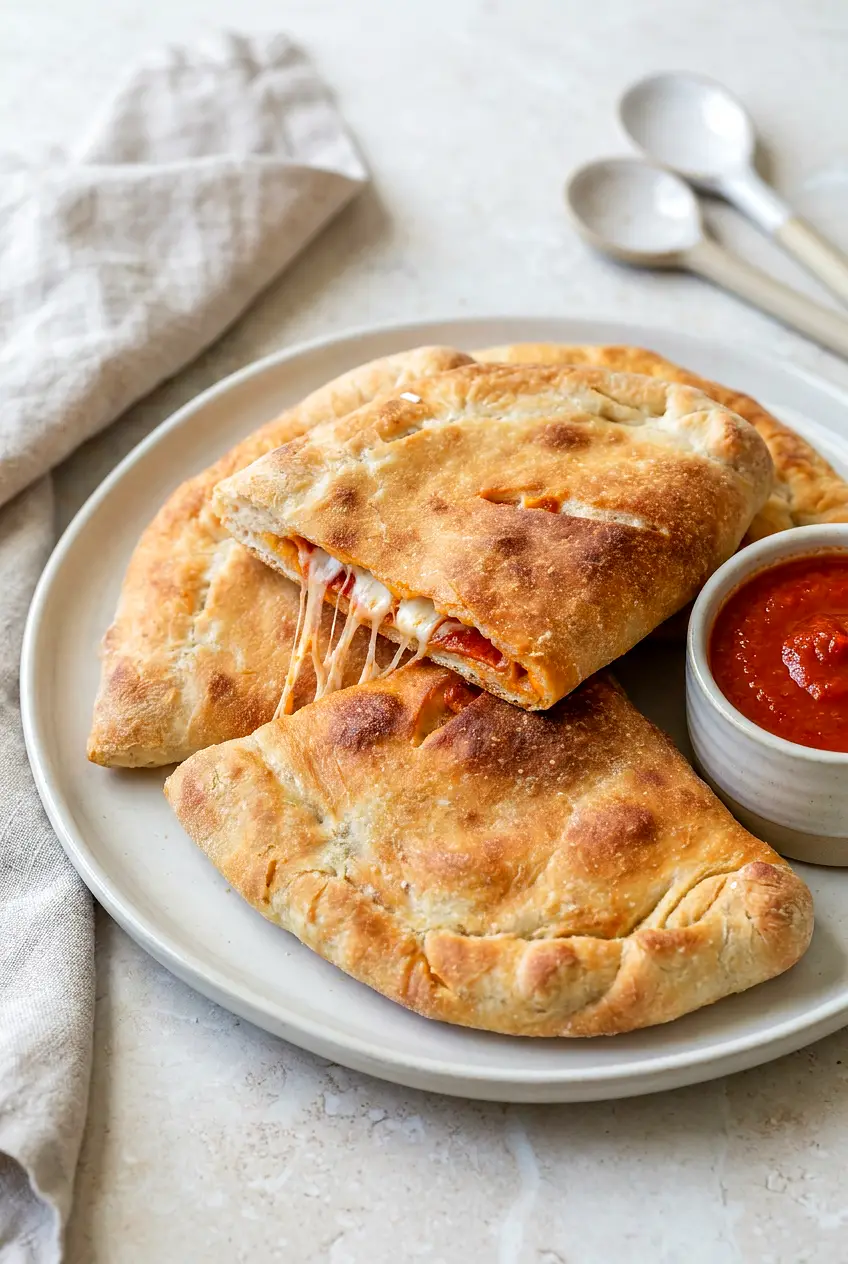 Air Fryer Calzones on a plate with golden, lightly crisp crust, vent slits on top, served with a small bowl of warm marinara.