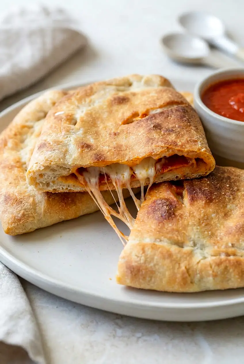 Cut-open Air Fryer Calzone showing melted mozzarella and pepperoni inside a thin, crisp crust, with marinara for dipping.