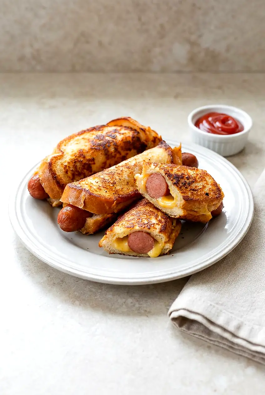 Air fryer grilled cheese hot dogs on a white plate, golden and crisp with melted cheese at the seams, served with ketchup.