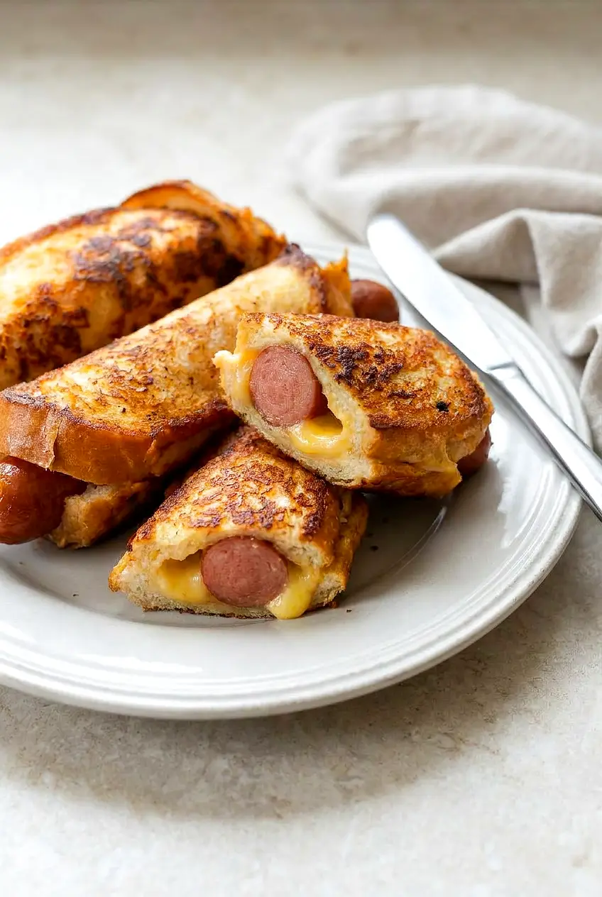 Close-up cross-section of an air fryer grilled cheese hot dog with melty cheese around the hot dog and crisp, browned bread.