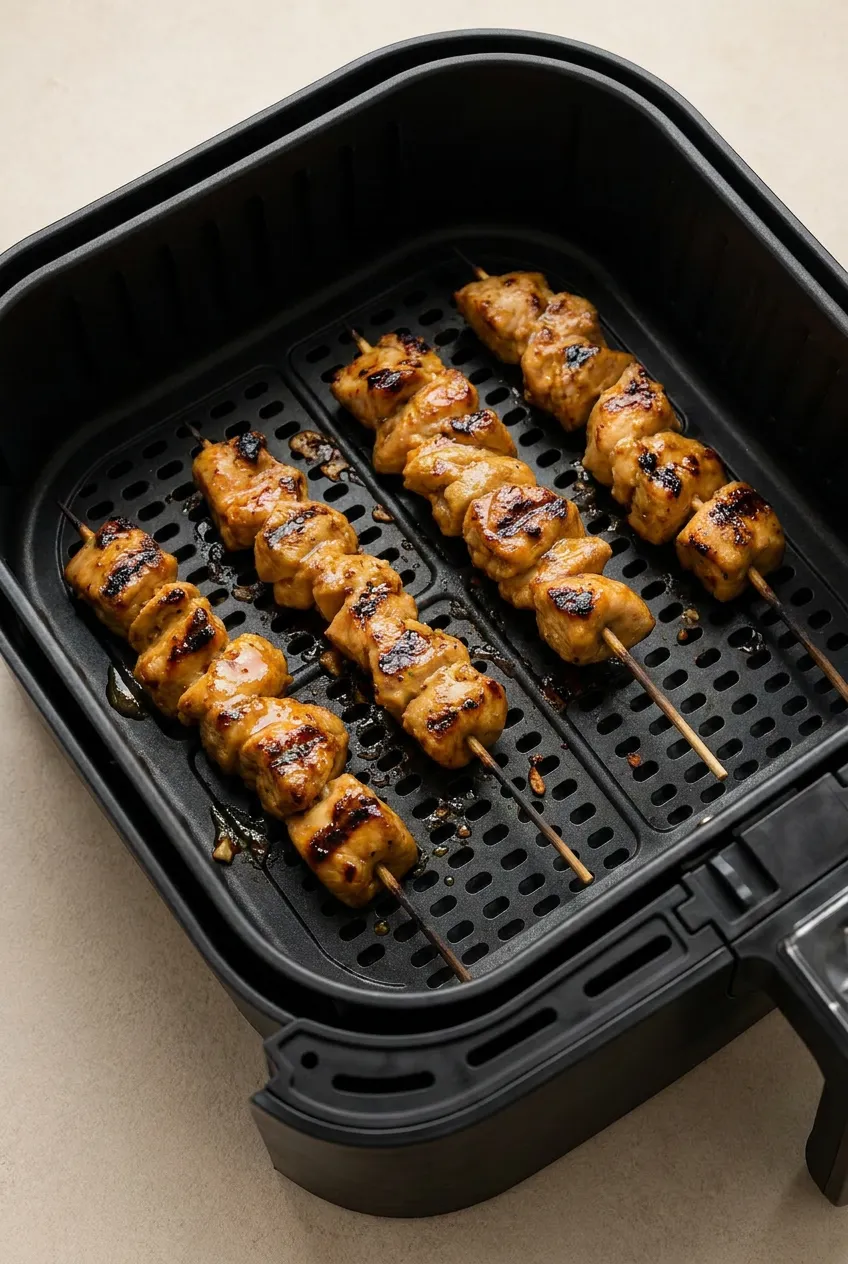 Air fryer chicken skewers just cooked in a black air fryer basket, golden-brown with charred edges and seasoning specks.