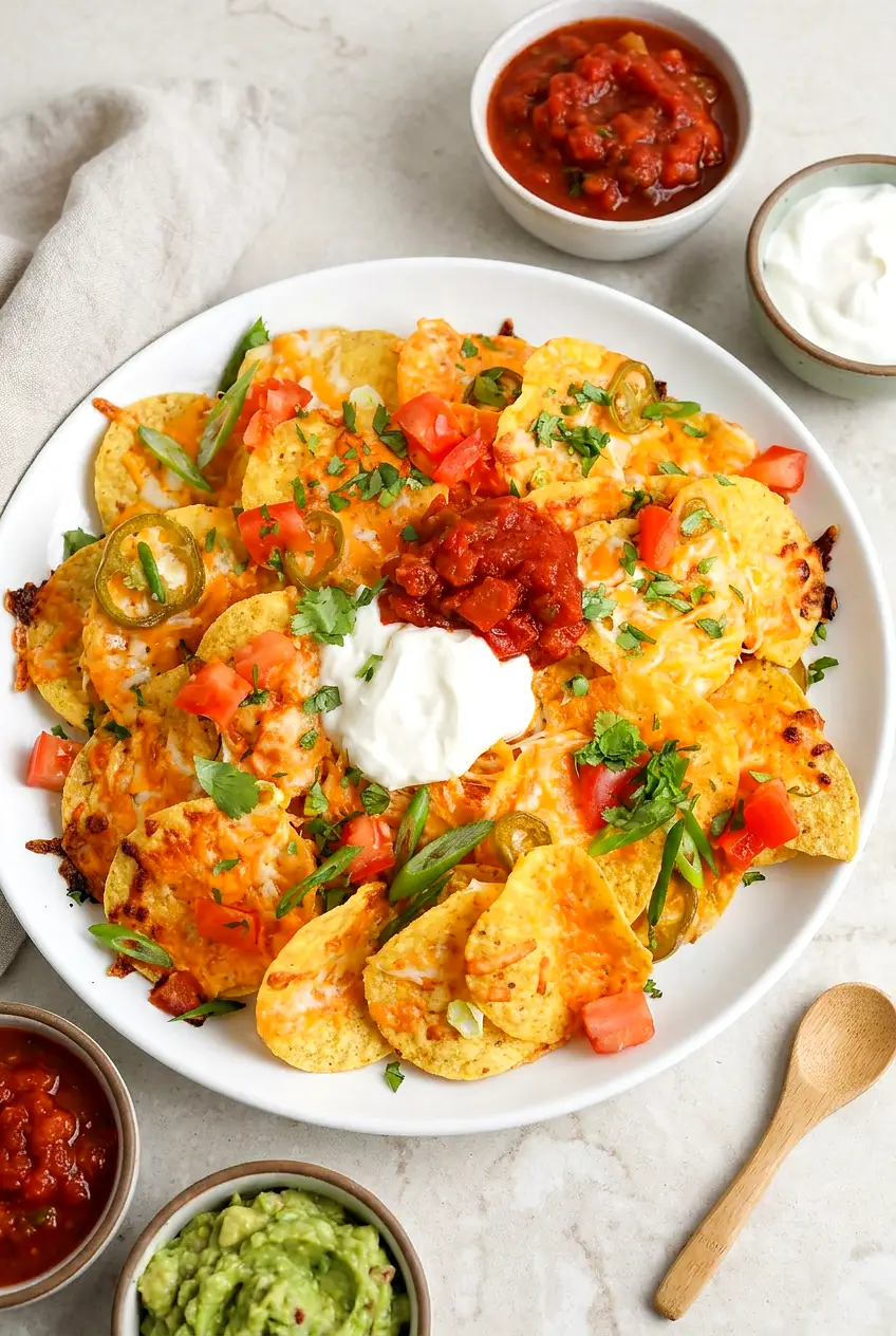 Air Fryer Loaded Nachos on a platter with melted cheese, jalapeños, tomatoes, green onions, and small dollops of salsa and sour cream.
