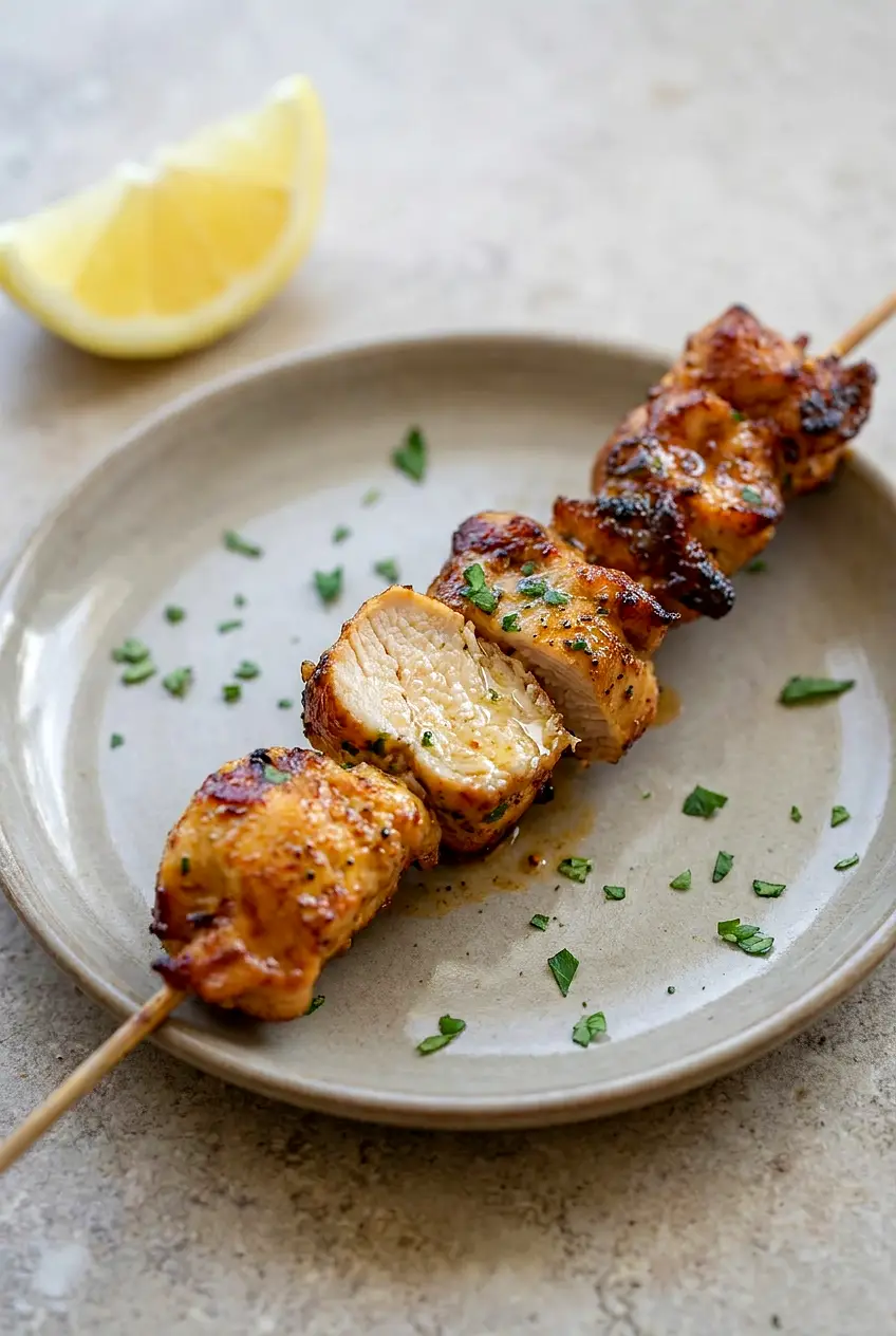 Close-up of a lemon pepper chicken skewer cut to show a juicy interior, glossy parsley butter, and charred, seasoned edges.