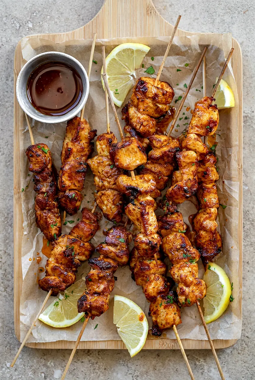 Air Fryer Lemon Pepper Chicken Skewers on brown parchment with lemon wedges and a ramekin of parsley butter, browned with light char and parsley.