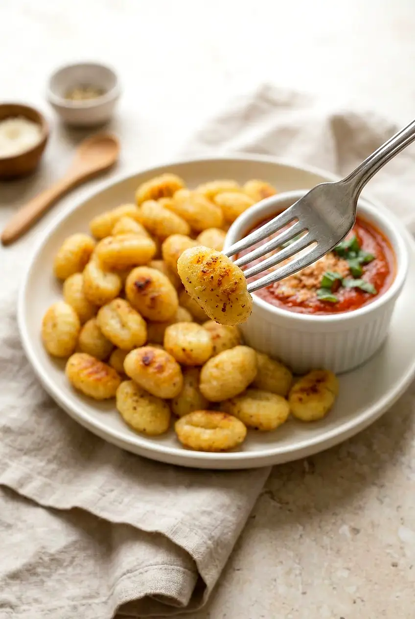 Close-up of air fryer gnocchi showing crisp edges, golden blisters, and parmesan flecks near a ramekin of marinara