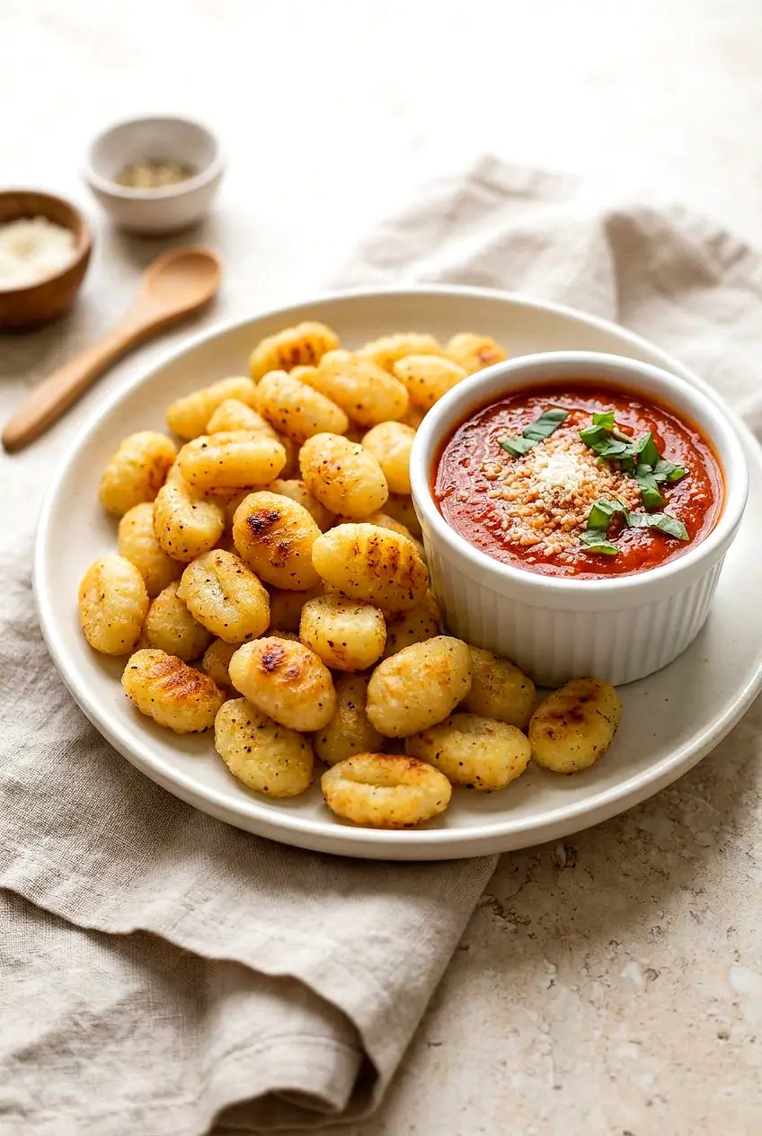 Crispy air fryer gnocchi on a plate with marinara dip, golden and blistered, lightly sprinkled with parmesan and basil