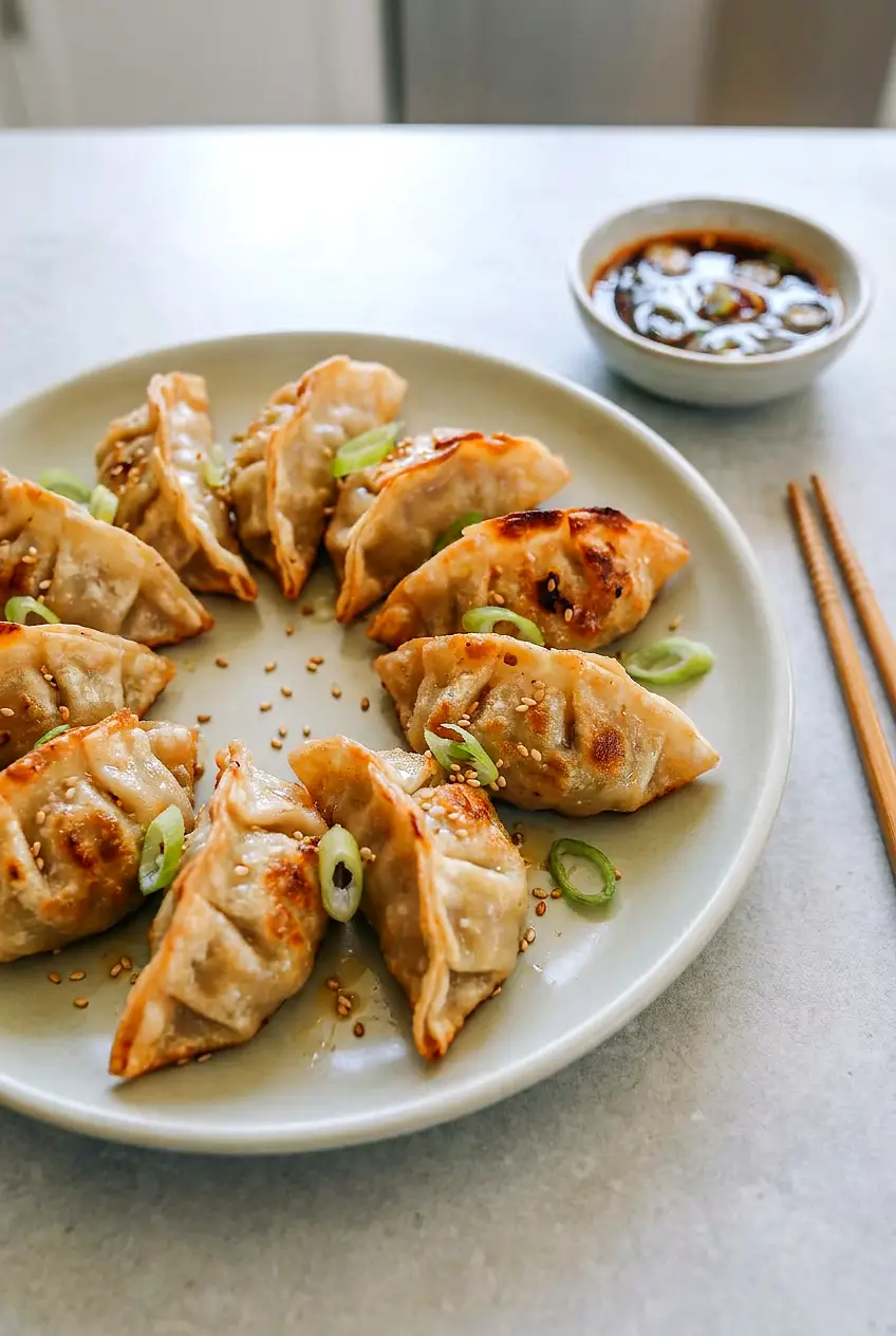 Plate of air fryer frozen dumplings with golden, blistered pleats, soy–rice vinegar dipping sauce, and light scallion and sesame garnish.