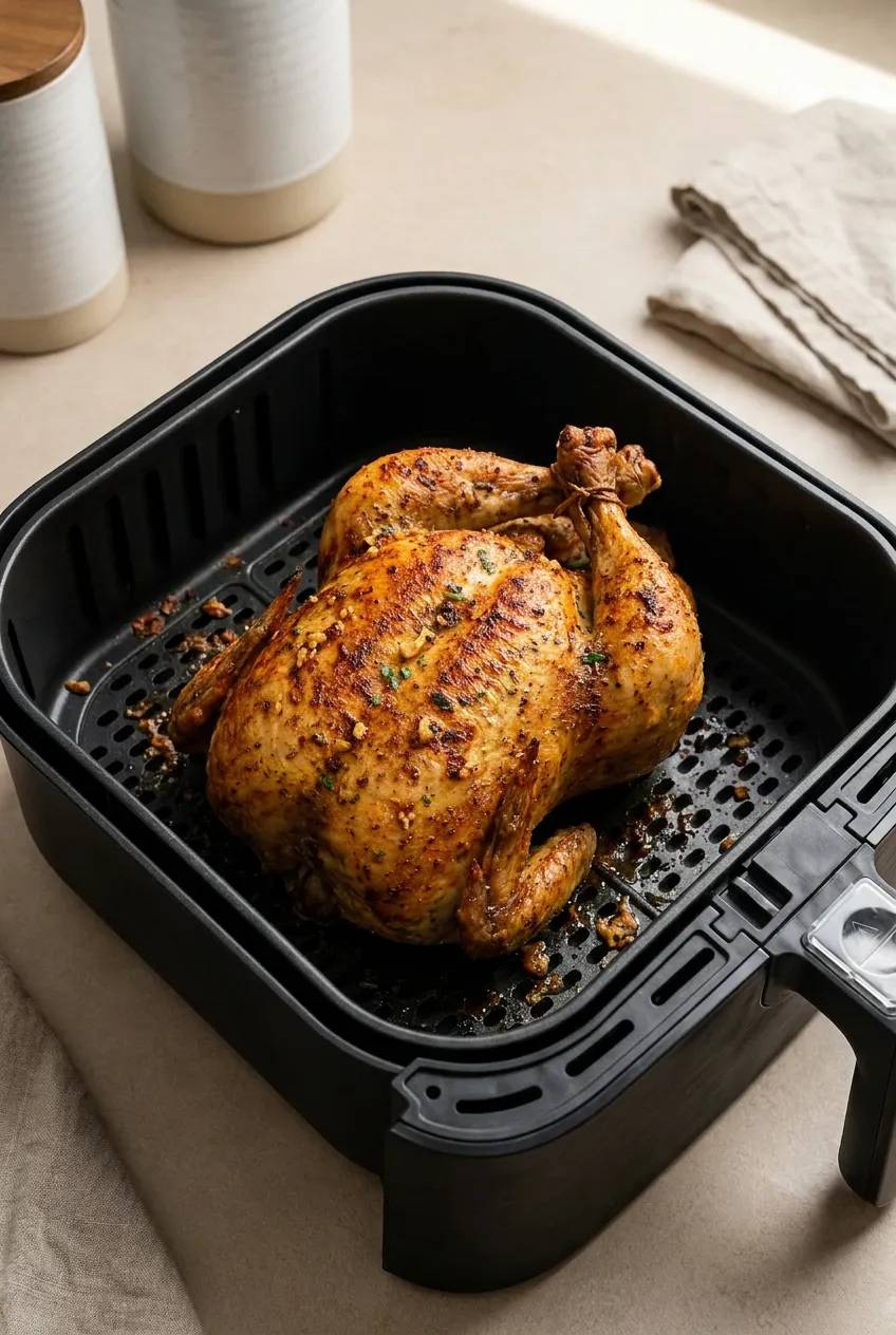 Air fryer whole chicken breast-side up in a black basket, golden skin and tucked wing tips, ready to serve